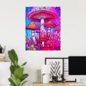 Rode + Blauwe + Roze Whimsical Paddenstoelen Aan e Poster (Thuiskantoor)