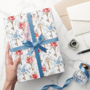 Rode Blauwe Rozen Gouden Sleutels Bruidscadeau Cadeaupapier