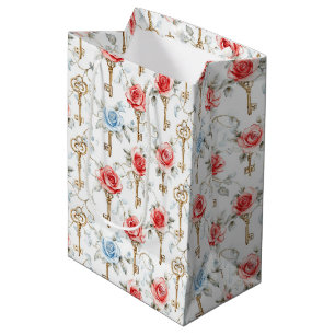 Rode Blauwe Rozen Gouden Sleutels Bruidscadeau Medium Cadeauzakje