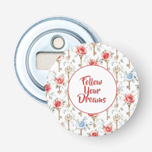 Rode Blauwe Rozen Gouden Sleutels   Button Flesopener (Voorkant)