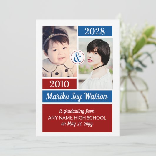 Rode Blauwe Schoolkleuren dan en nu Afstuderen Kaart (Staand voorkant)