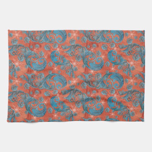  rode blauwe scrollers met sneeuwvlokken theedoek (Horizontaal)