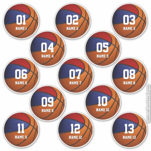rode blauwe set van 13 basketbal kinder teamcadeau sticker (Voorkant)