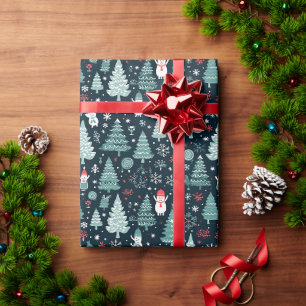 Rode Blauwe Sneeuwmannen Kerstbomen Donker Patroon Cadeaupapier