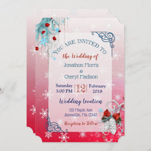 Rode Blauwe Sneeuwvlok Kerstmis Uitnodiging (Voorkant / Achterkant)