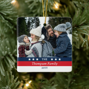 Rode Blauwe Sterren Stripes Familie Foto Kerstmis Keramisch Ornament