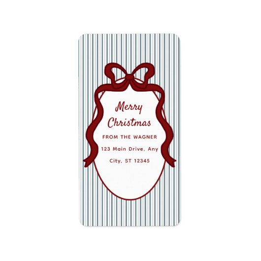 Rode blauwe strepen & boog frame kerst etiket (Voorkant)