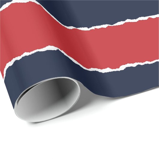 Rode Blauwe Strepen Grappige Faux gescheurde Kerst Cadeaupapier (Rol Hoek)