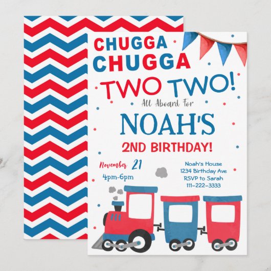 Rode Blauwe Trein 2e Verjaardag Uitnodiging (Voorkant / Achterkant)
