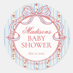 Rode & Blauwe Vintage Fancy Bloemige Baby Shower S Ronde Sticker