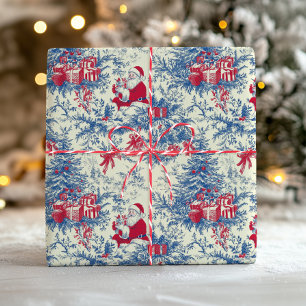 Rode Blauwe Vintage Kerstman Toile Kerstboom Cadeaupapier