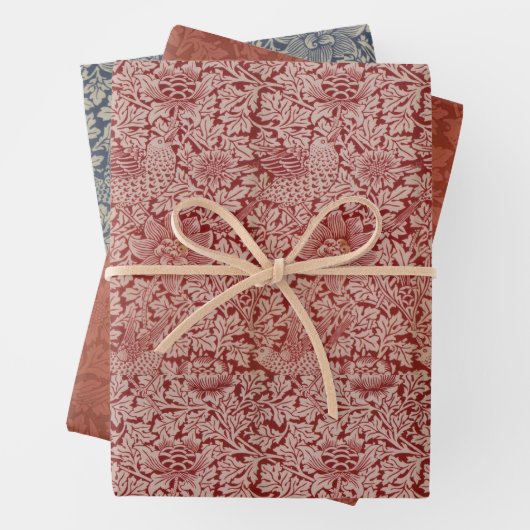 rode blauwe vogel en Anemone Morris Pattern Inpakpapier Vel (In situ)