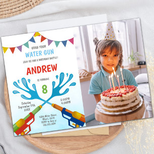Rode Blauwe Water Pistool Invitaties met foto Kaart