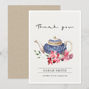 Rode Blauwe waterverf Teapot Floral Tea Party Bedankkaart