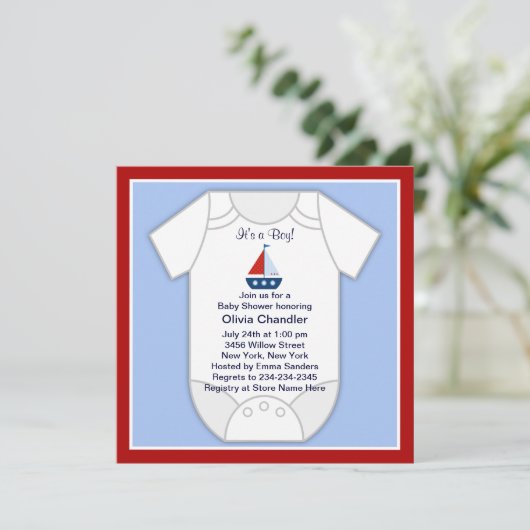 Rode Blauwe Zeilboot Baby Boy Douche Uitnodiging (Staand voorkant)