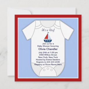 Rode Blauwe Zeilboot Baby Jongen Shower Uitnodigin Kaart