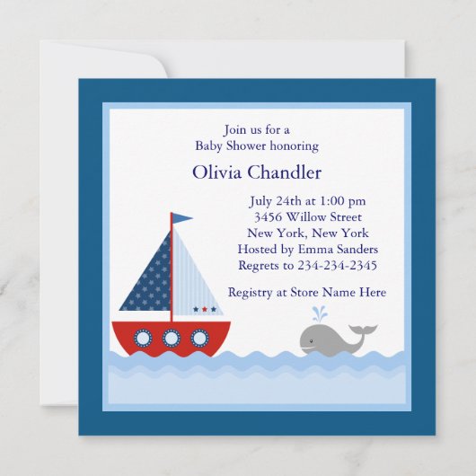 Rode Blauwe Zeilboot Walvis Baby Boy Shower Kaart (Achterkant)