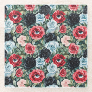 Rode Blauwe Zwarte Bloemen met Ogen Glazen Onderzetter