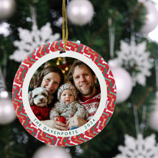Rode & Blauwgroen Dog Bone Familie Foto 2-zijdig Keramisch Ornament