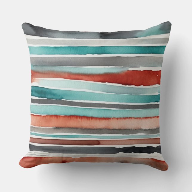 Rode blauwgroen en houtskool abstracte strepen kussen (Voorkant)