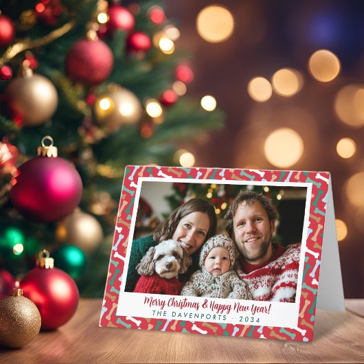 Rode & Blauwgroen Hond Botten Patroon Kerst Pet Fo Feestdagen Kaart