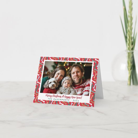 Rode & Blauwgroen Hond Botten Patroon Kerst Pet Fo Feestdagen Kaart (Voorkant)