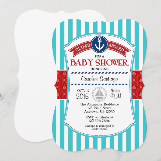 Rode Blauwgroen nautische Baby shower uitnodiging (Voorkant / Achterkant)