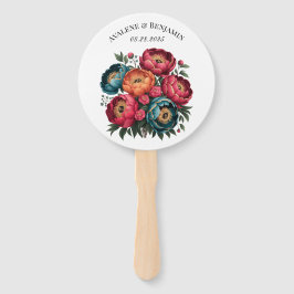 Rode Blauwgroen Oranje pioenroos Bloeit Gold Trim  Handwaaier