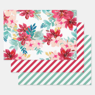 Rode Blauwgroen Waterverf Floral Greenery Stripe Inpakpapier Vel