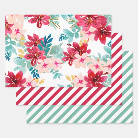 Rode Blauwgroen Waterverf Floral Greenery Stripe Inpakpapier Vel (Set)