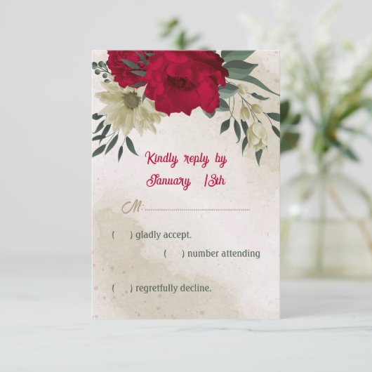 rode bleke bloemen botanische bruiloft RSVP kaartje (Staand voorkant)