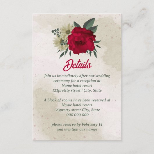 rode bleke bloemen bruiloft informatiekaartje (Voorkant)