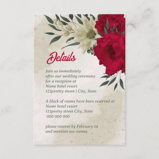 rode bleke bloemen bruiloft informatiekaartje (Voorkant)