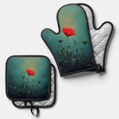Rode bloei in het donkere nevelontwerp ovenwant & pannenlap set (Voorkant / Achterkant)