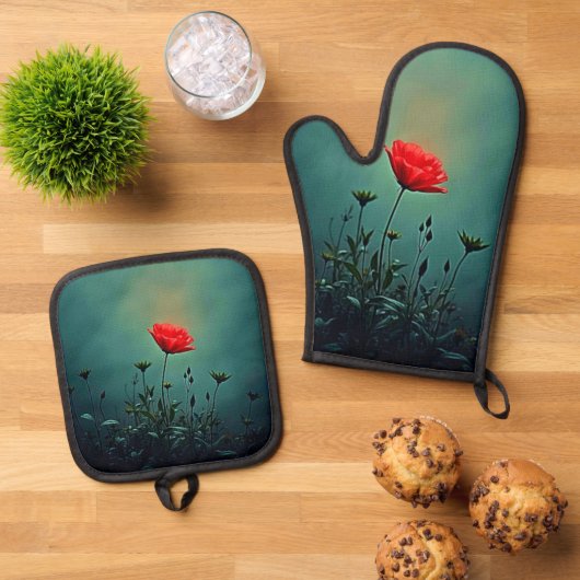 Rode bloei in het donkere nevelontwerp ovenwant & pannenlap set (Top down)