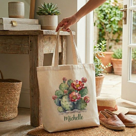 Rode Bloeiende Cactus Met Naam Tote Bag