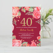 Rode bloem 40e verjaardag Goud glitters Burgundyro Kaart (Staand voorkant)