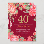 Rode bloem 40e verjaardag Goud glitters Burgundyro Kaart (Voorkant / Achterkant)