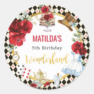Rode Bloem Alice in Wonderland Verjaardags Thee Fe Ronde Sticker