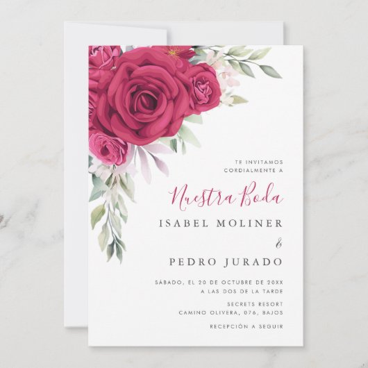 Rode Bloem Boeket Nuestra Boda Spaanse Bruiloft Kaart (Voorkant)