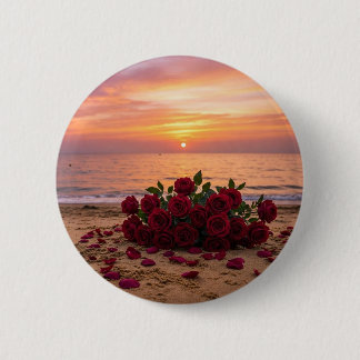 Rode bloem broche met uitzicht op een strand ronde button 5,7 cm