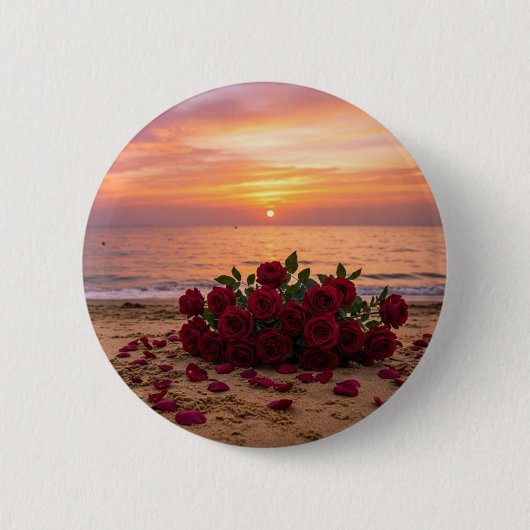Rode bloem broche met uitzicht op een strand ronde button 5,7 cm (Voorkant)