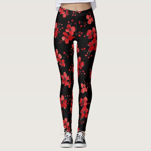 Rode Bloem Donker Patroon Leggings (Voorkant)