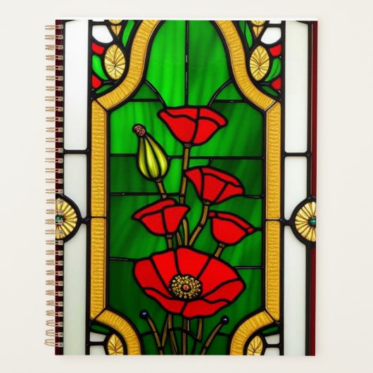 Rode Bloem Elegante Glas-in-Lood Kunst Planner (Voorkant)