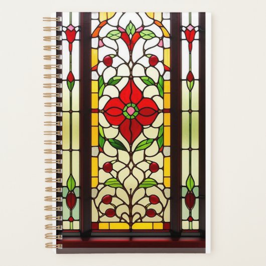 Rode Bloem Elegante Glas-in-Lood Kunst Planner (Voorkant)