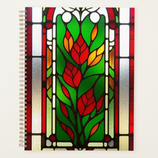 Rode Bloem Elegante Glas-in-Lood Kunst Planner (Voorkant)