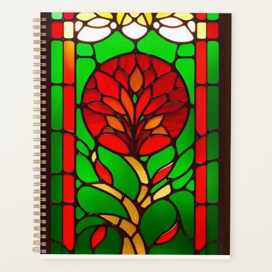 Rode Bloem Elegante Glas-in-Lood Kunst Planner (Voorkant)
