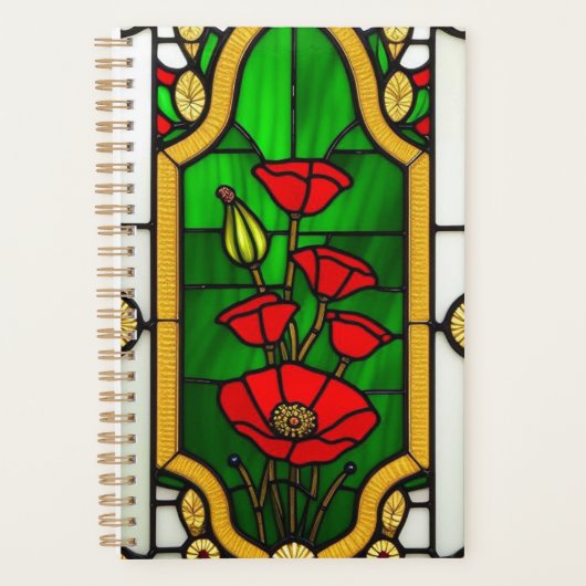 Rode Bloem Elegante Glas-in-Lood Kunst Planner (Voorkant)