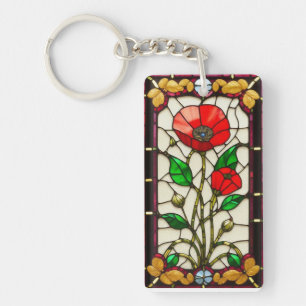 Rode Bloem Elegante Glas-in-Lood Kunst Sleutelhanger