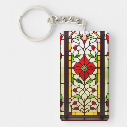 Rode Bloem Elegante Glas-in-Lood Kunst Sleutelhanger (Voorkant)